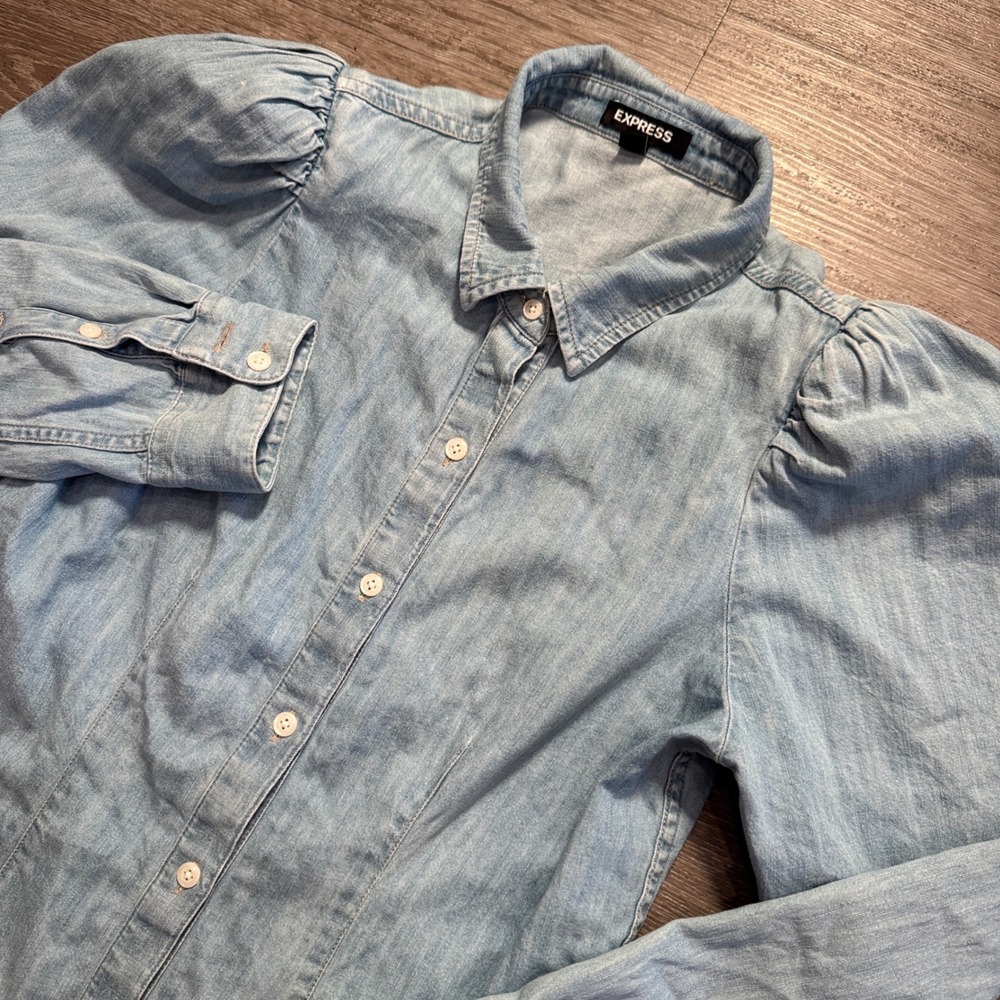 Express Shirt Womens S Blue Cotton Puff Sleeve Denim Chambray Western Preppy‎